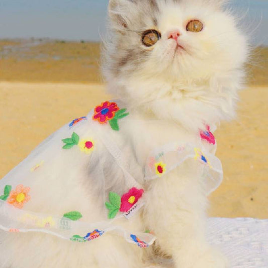 Flower Embroidery Mesh Cat Dress | Pet Clothes for Feline Fashion