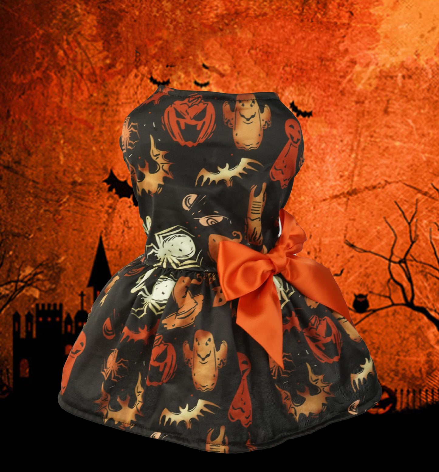 Haustierkleid mit Halloween-Kürbis-Print | Kostüm für kleine Hunde und Katzen | Partykleidung aus Netzstoff