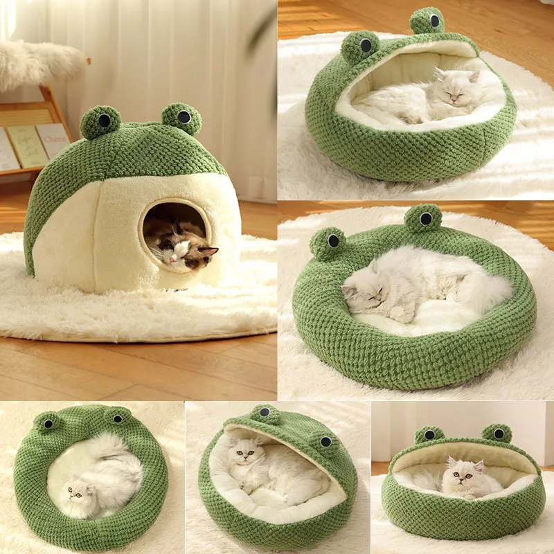 Warmes Plüschnest für Haustiere aus der Little Frog-Serie | Herbst-Winter-Haus für kleine Katzen und Hunde